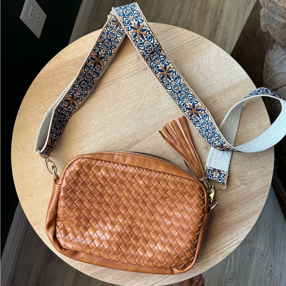 Woven Tan Crossbody Bag with Patterned Strap
